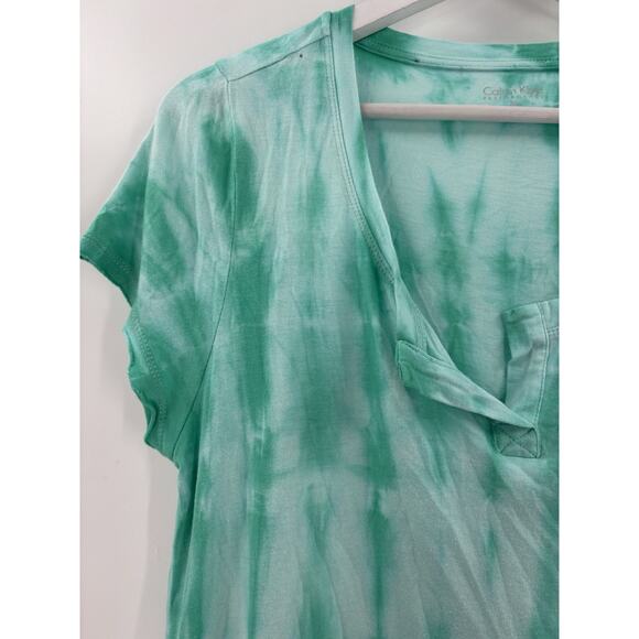 Calvin Klein T Shirt Womens Medium Blue Green Tie Dye Short Sleeves V Neck - Picture 2 of 16